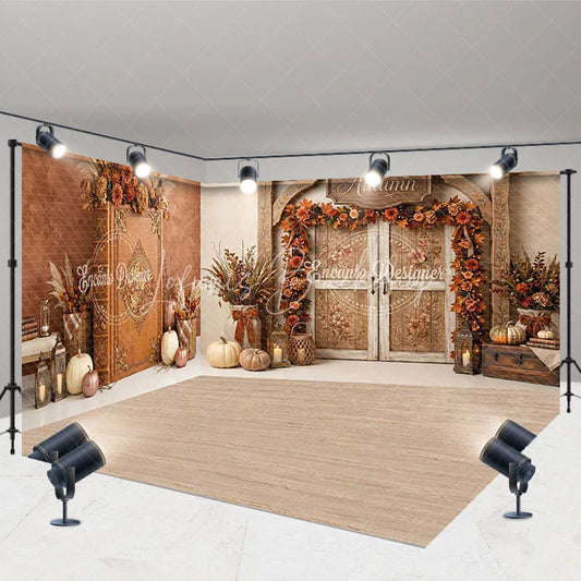 Lofaris Rustic Autumn Wooden Door and Fall Foliage Room Set Backdrop Cozy Harvest Festival Photography Decor