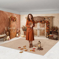 Lofaris Rustic Autumn Wooden Door and Fall Foliage Room Set Backdrop Cozy Harvest Festival Photography Decor