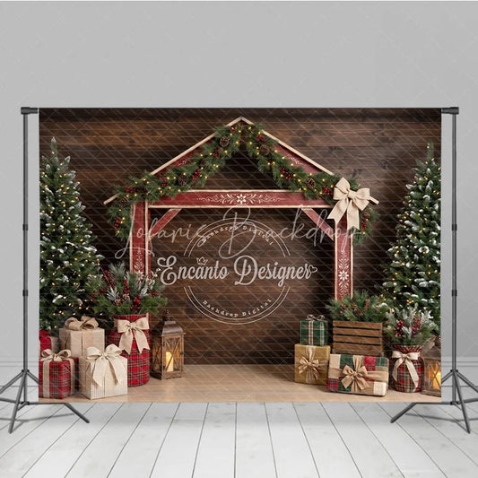 Lofaris Rustic Barn Arch Holiday Backdrop with Pine Garlands Red Berries Christmas Trees and Wrapped Gifts