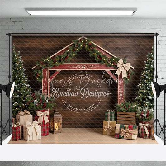 Lofaris Rustic Barn Arch Holiday Backdrop with Pine Garlands Red Berries Christmas Trees and Wrapped Gifts