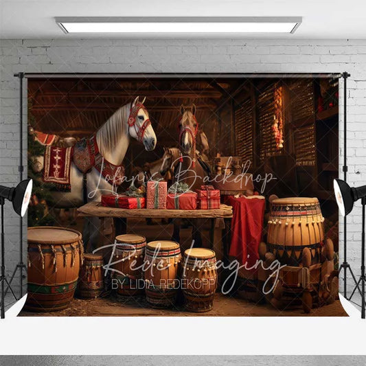 Lofaris Rustic Barn Christmas Backdrop White Horses Drums Gifts Stable Interior Photo Background