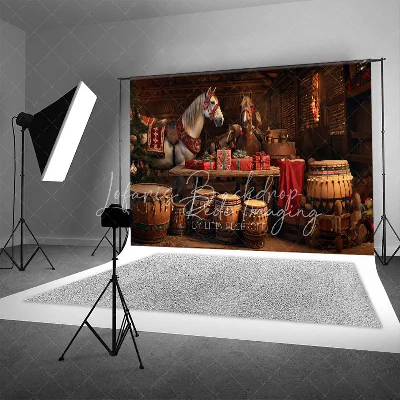 Lofaris Rustic Barn Christmas Backdrop White Horses Drums Gifts Stable Interior Photo Background