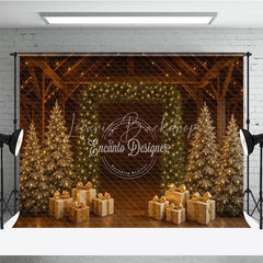 Lofaris Rustic Barn Christmas Photography Backdrop String Light Wall with Gold Presents Farmhouse Holiday Background