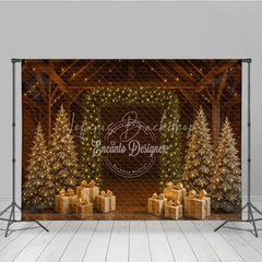 Lofaris Rustic Barn Christmas Photography Backdrop String Light Wall with Gold Presents Farmhouse Holiday Background