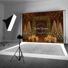 Lofaris Rustic Barn Christmas Photography Backdrop String Light Wall with Gold Presents Farmhouse Holiday Background