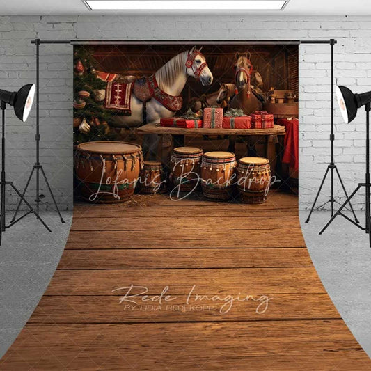Lofaris Rustic Barn Christmas Sweep Backdrop White Horse Drums Wooden Floor Stable Interior Photo Background