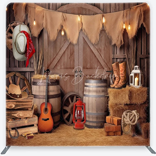 Lofaris Rustic Barn Cowboy Theme Square Double-Sided Backdrop with Hay Bales and String Lights Western Party Photography Decor