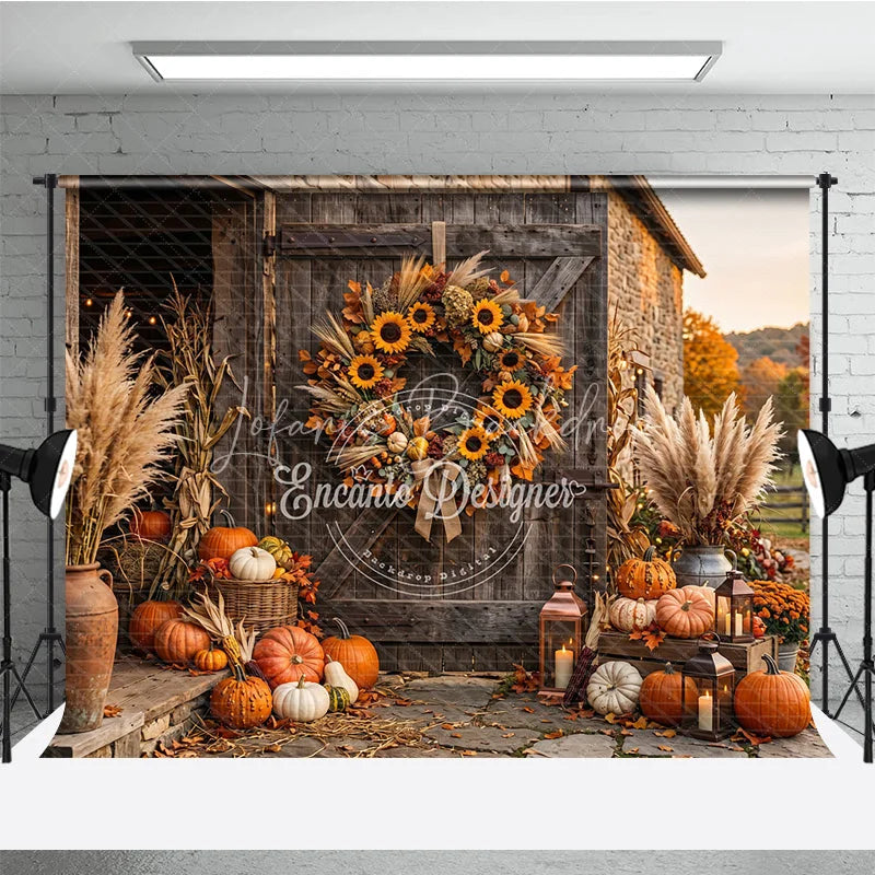 Lofaris Rustic Barn Door Autumn Photography Backdrop with Sunflowers Pumpkins Pampas Grass and Cozy Fall Harvest Decor