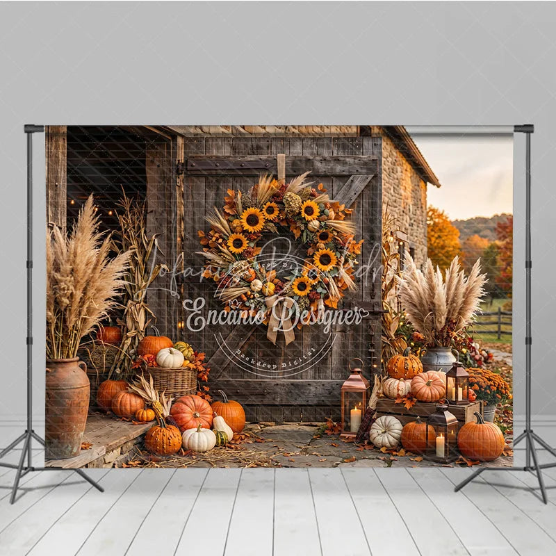 Lofaris Rustic Barn Door Autumn Photography Backdrop with Sunflowers Pumpkins Pampas Grass and Cozy Fall Harvest Decor