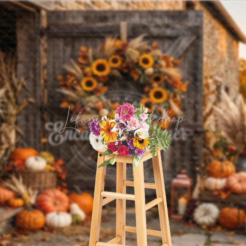 Lofaris Rustic Barn Door Autumn Photography Backdrop with Sunflowers Pumpkins Pampas Grass and Cozy Fall Harvest Decor