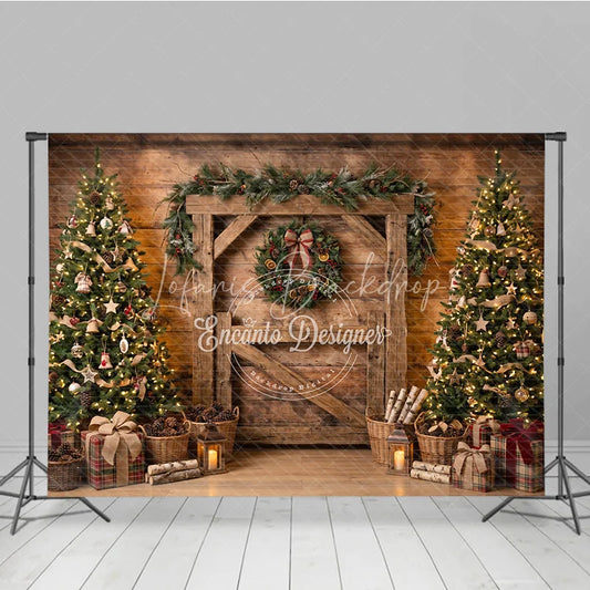 Lofaris Rustic Barn Door Holiday Backdrop with Decorated Christmas Trees Festive Wreath and Cozy Gifts Scene