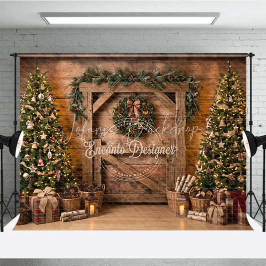 Lofaris Rustic Barn Door Holiday Backdrop with Decorated Christmas Trees Festive Wreath and Cozy Gifts Scene