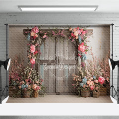 Lofaris Rustic Barn Door Photography Backdrop Spring Floral Arch with Pink Roses Farmhouse Wedding Photo Background