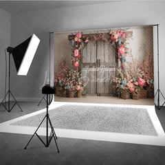 Lofaris Rustic Barn Door Photography Backdrop Spring Floral Arch with Pink Roses Farmhouse Wedding Photo Background