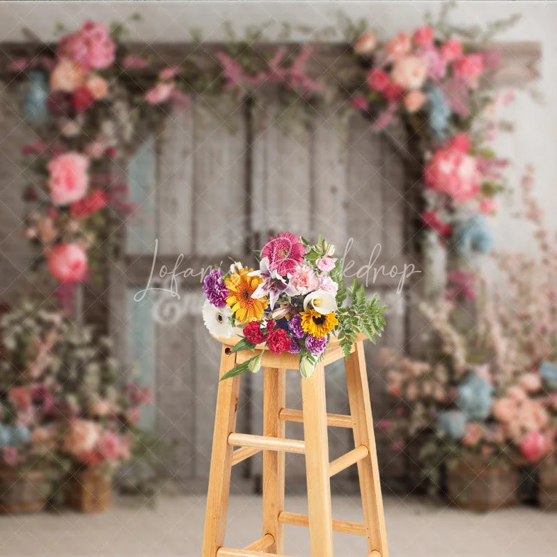 Lofaris Rustic Barn Door Photography Backdrop Spring Floral Arch with Pink Roses Farmhouse Wedding Photo Background