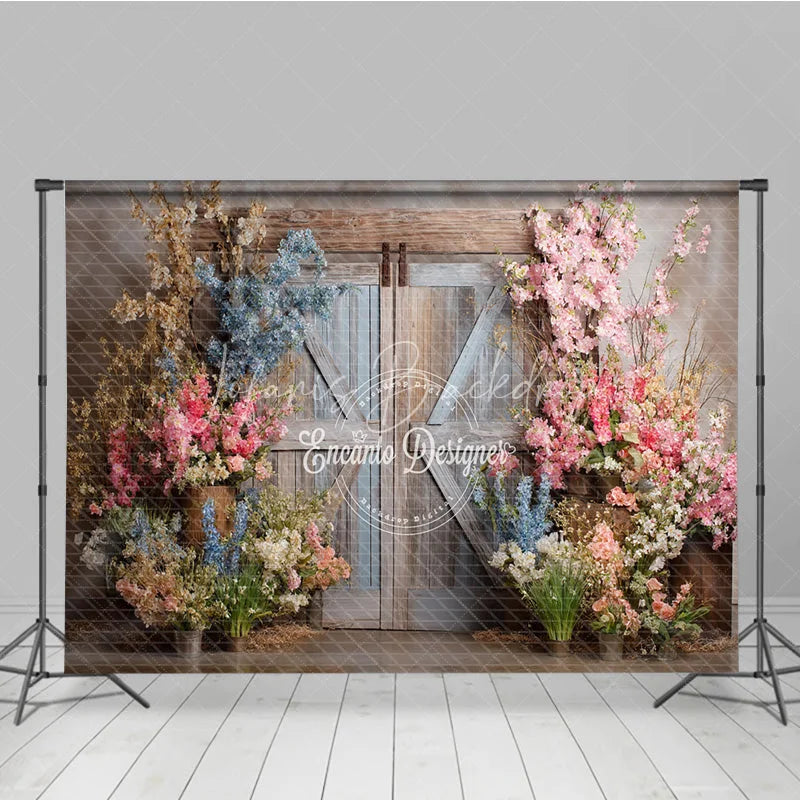 Lofaris Rustic Barn Door Photography Backdrop Spring Flowers in Pink and Blue Fine Art Painterly Photo Background