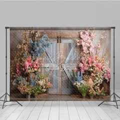 Lofaris Rustic Barn Door Photography Backdrop Spring Flowers in Pink and Blue Fine Art Painterly Photo Background