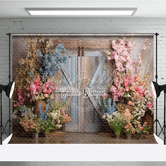 Lofaris Rustic Barn Door Photography Backdrop Spring Flowers in Pink and Blue Fine Art Painterly Photo Background