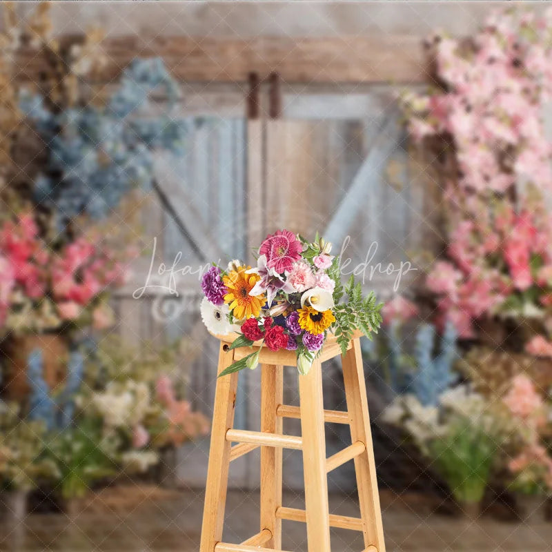 Lofaris Rustic Barn Door Photography Backdrop Spring Flowers in Pink and Blue Fine Art Painterly Photo Background