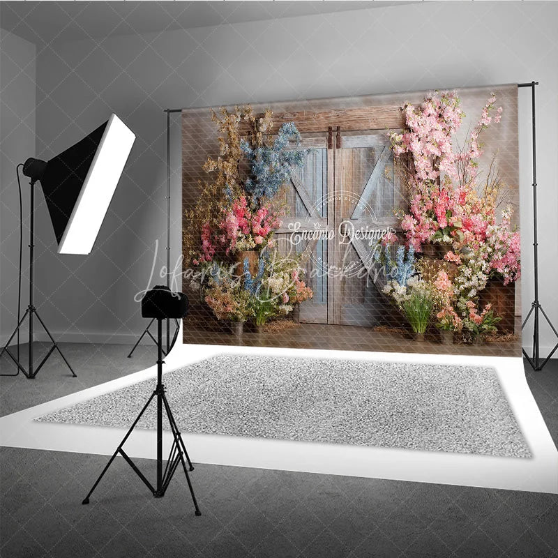 Lofaris Rustic Barn Door Photography Backdrop Spring Flowers in Pink and Blue Fine Art Painterly Photo Background