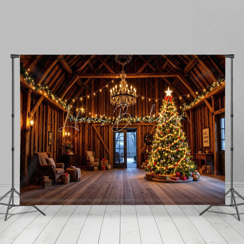 Lofaris Rustic Barn Interior Christmas Backdrop Wooden Room with Chandelier Lighted Xmas Tree Holiday Photo Prop