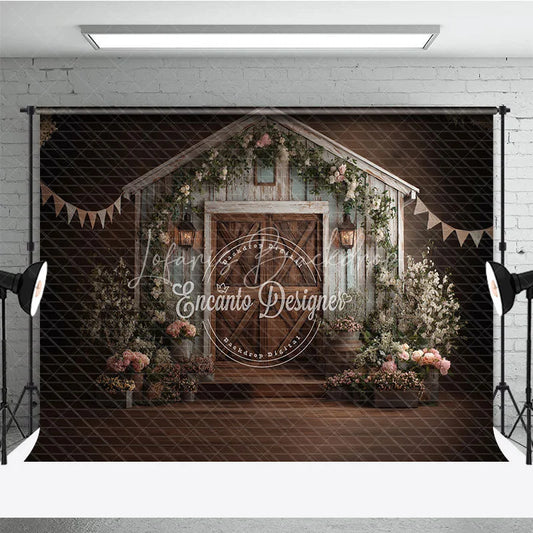 Lofaris Rustic Barn Wooden Door Photography Backdrop with Floral Decor Shabby Chic Farmhouse Style for Wedding or Baby Shower