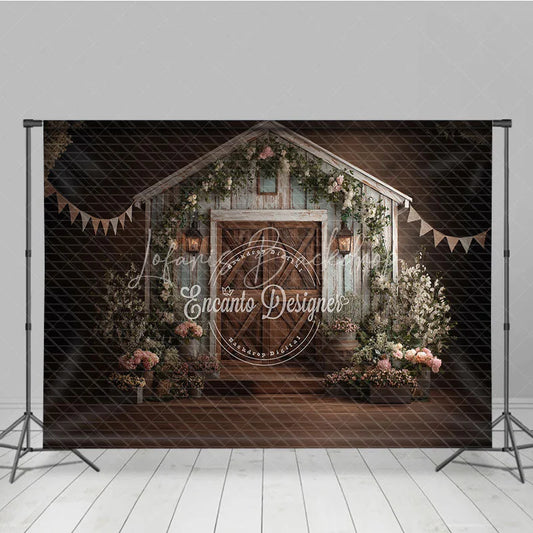 Lofaris Rustic Barn Wooden Door Photography Backdrop with Floral Decor Shabby Chic Farmhouse Style for Wedding or Baby Shower