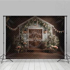Lofaris Rustic Barn Wooden Door Photography Backdrop with Floral Decor Shabby Chic Farmhouse Style for Wedding or Baby Shower