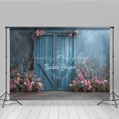 Lofaris Rustic Blue Barn Door Photography Backdrop Spring Flowers on Textured Wall Fine Art Painterly Photo Background