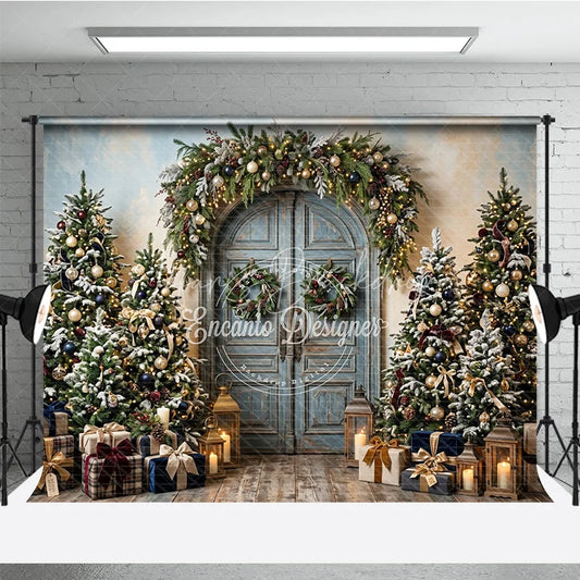 Lofaris Rustic Blue Door Holiday Backdrop with Festive Garland and Snow-Dusted Christmas Trees Elegant Gifts Lanterns Decor