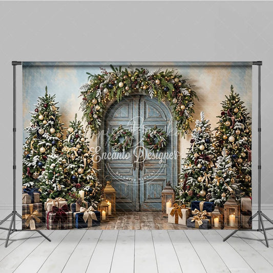 Lofaris Rustic Blue Door Holiday Backdrop with Festive Garland and Snow-Dusted Christmas Trees Elegant Gifts Lanterns Decor