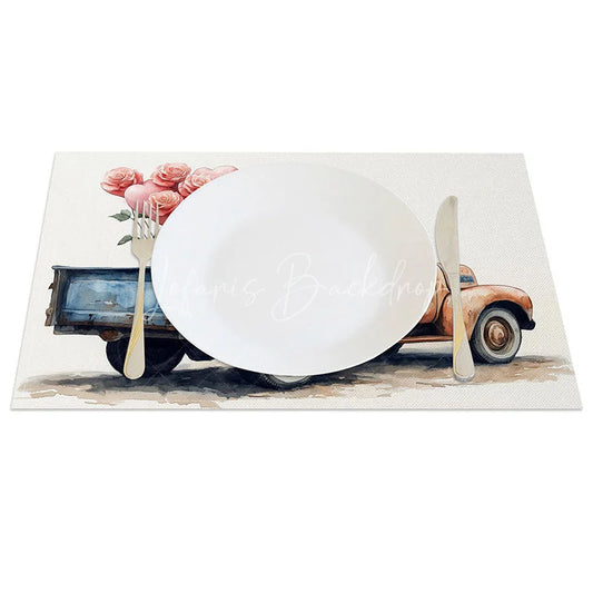 Lofaris Rustic Blue Truck Rose Heart Set of 4 Placemats Vintage Valentine Decoration Farmhouse Love Dining Table Mat