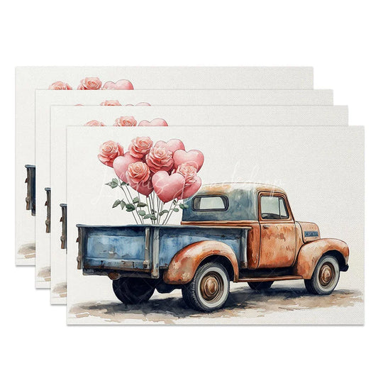 Lofaris Rustic Blue Truck Rose Heart Set of 4 Placemats Vintage Valentine Decoration Farmhouse Love Dining Table Mat