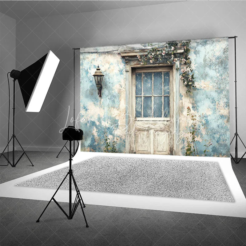Lofaris Rustic Blue Wall and Door Retro Backdrop Vintage Garden Entrance Photography Background