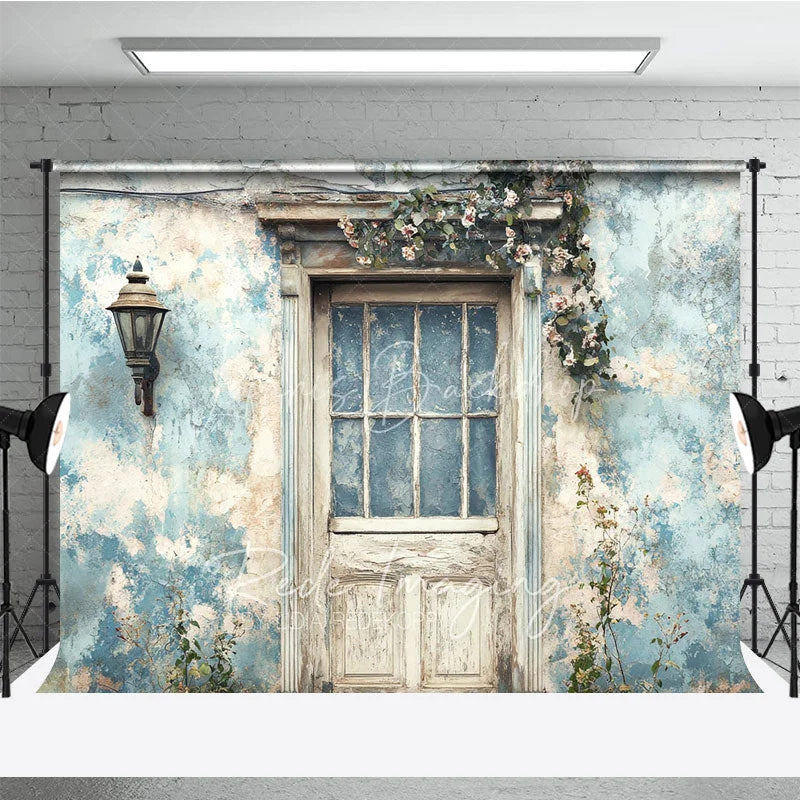 Lofaris Rustic Blue Wall and Door Retro Backdrop Vintage Garden Entrance Photography Background