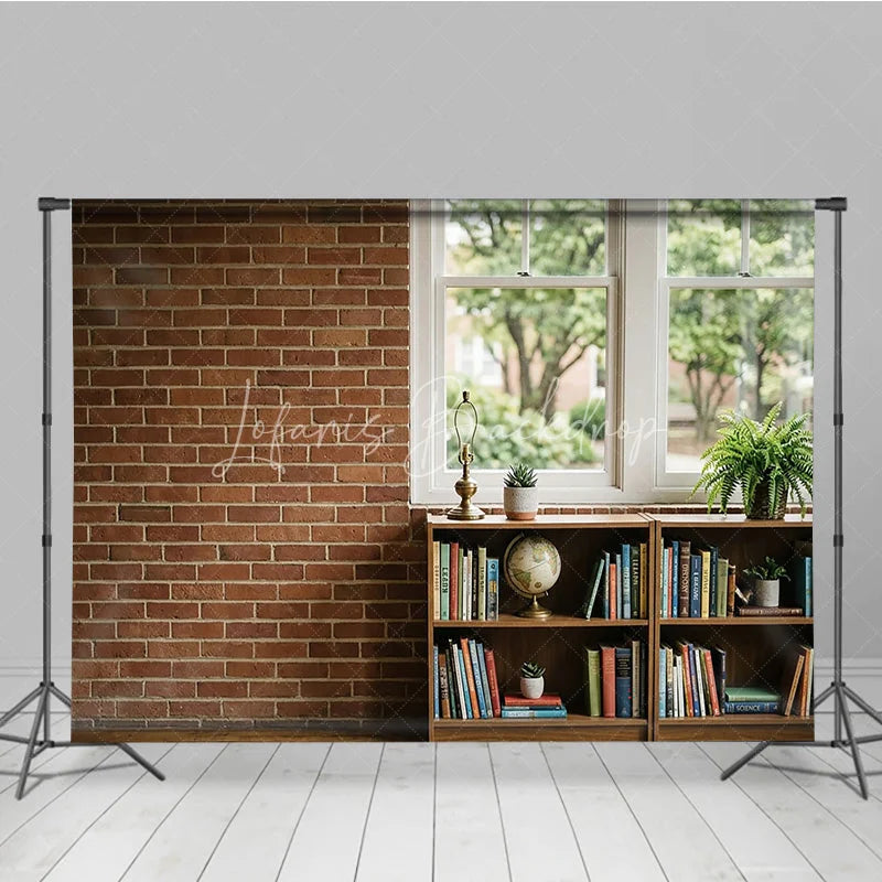 Lofaris Rustic Brick Wall and Window Photography Backdrop with Bookshelf Globe Green Plants Natural Light Interior Scene