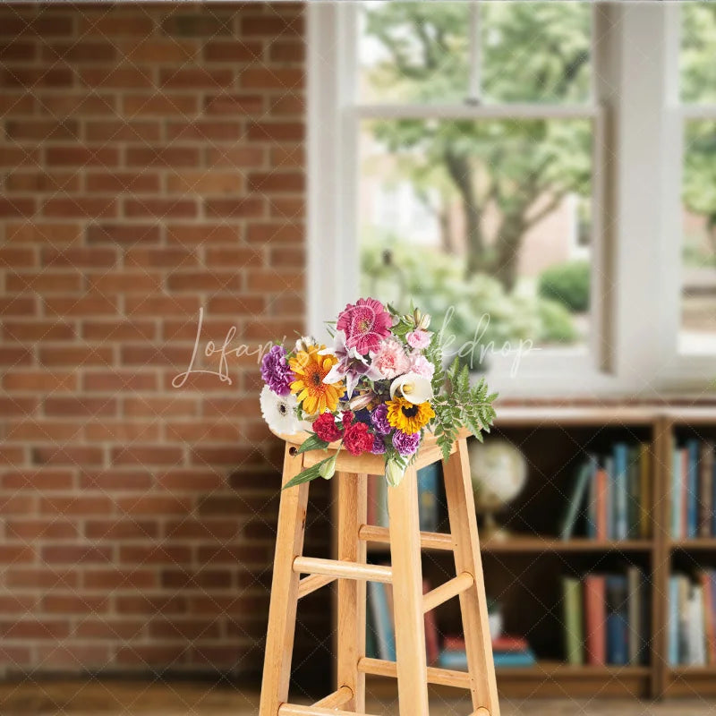 Lofaris Rustic Brick Wall and Window Photography Backdrop with Bookshelf Globe Green Plants Natural Light Interior Scene