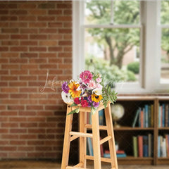Lofaris Rustic Brick Wall and Window Photography Backdrop with Bookshelf Globe Green Plants Natural Light Interior Scene