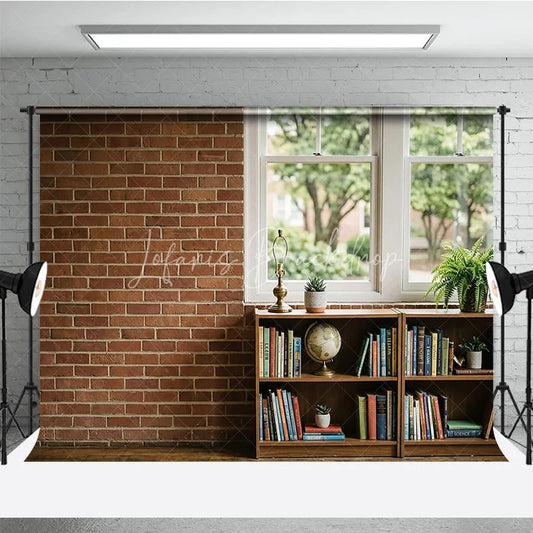 Lofaris Rustic Brick Wall and Window Photography Backdrop with Bookshelf Globe Green Plants Natural Light Interior Scene