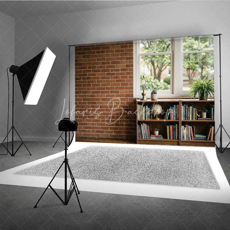 Lofaris Rustic Brick Wall and Window Photography Backdrop with Bookshelf Globe Green Plants Natural Light Interior Scene
