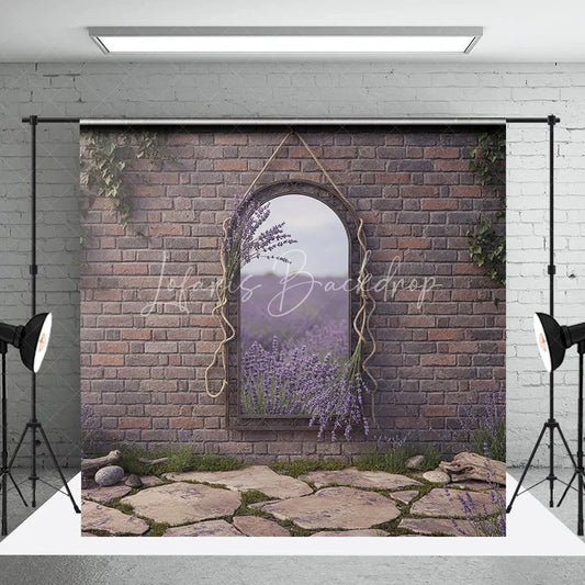 Lofaris Rustic Brick Wall Arched Mirror Photography Backdrop Reflecting Lavender Field and Stone Path Garden Theme