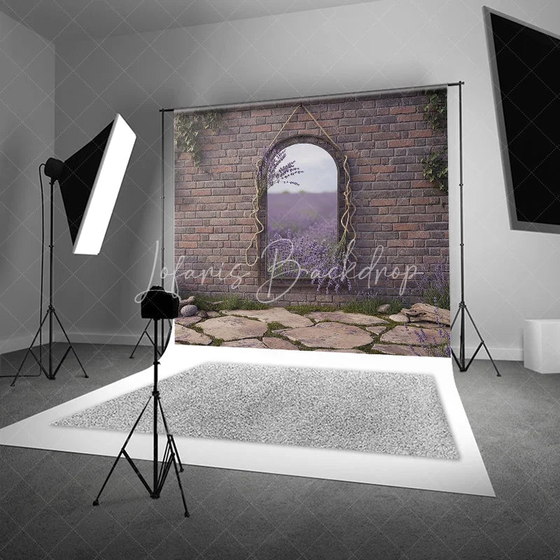 Lofaris Rustic Brick Wall Arched Mirror Photography Backdrop Reflecting Lavender Field and Stone Path Garden Theme