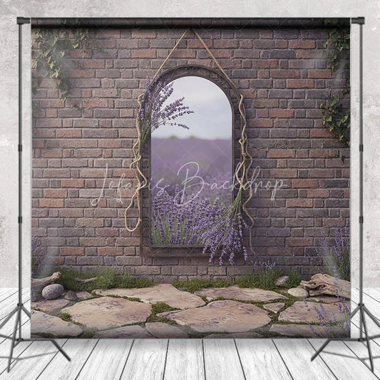 Lofaris Rustic Brick Wall Arched Mirror Photography Backdrop Reflecting Lavender Field and Stone Path Garden Theme