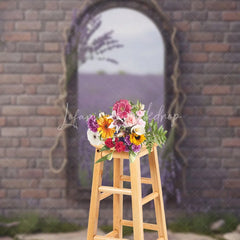 Lofaris Rustic Brick Wall Arched Mirror Photography Backdrop Reflecting Lavender Field and Stone Path Garden Theme