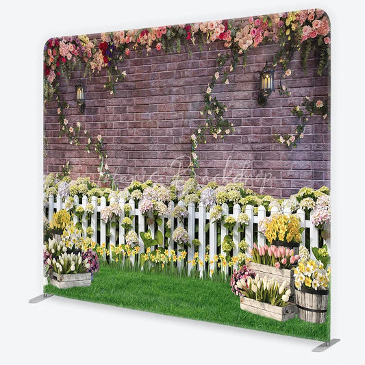 Lofaris Rustic Brick Wall Floral Garlands and White Picket Fence Square Double-Sided Backdrop Vibrant Spring Garden Party Decor