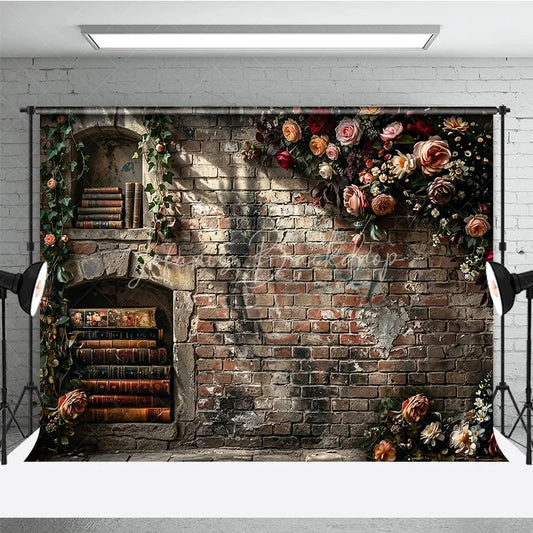 Lofaris Rustic Brick Wall Photography Backdrop with Vintage Books Ivy and Romantic Floral Arrangement for Fine Art Portraits
