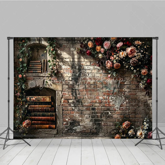 Lofaris Rustic Brick Wall Photography Backdrop with Vintage Books Ivy and Romantic Floral Arrangement for Fine Art Portraits