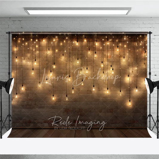 Lofaris Rustic Brick Wall Photography Backdrop with Warm String Lights and Wooden Floor Cozy Festive Party Decor