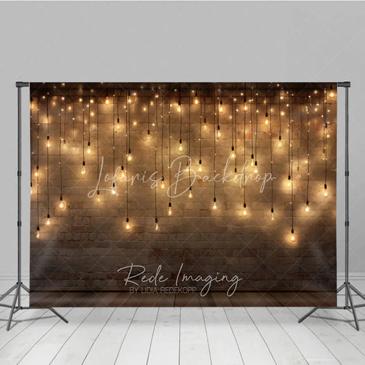 Lofaris Rustic Brick Wall Photography Backdrop with Warm String Lights and Wooden Floor Cozy Festive Party Decor