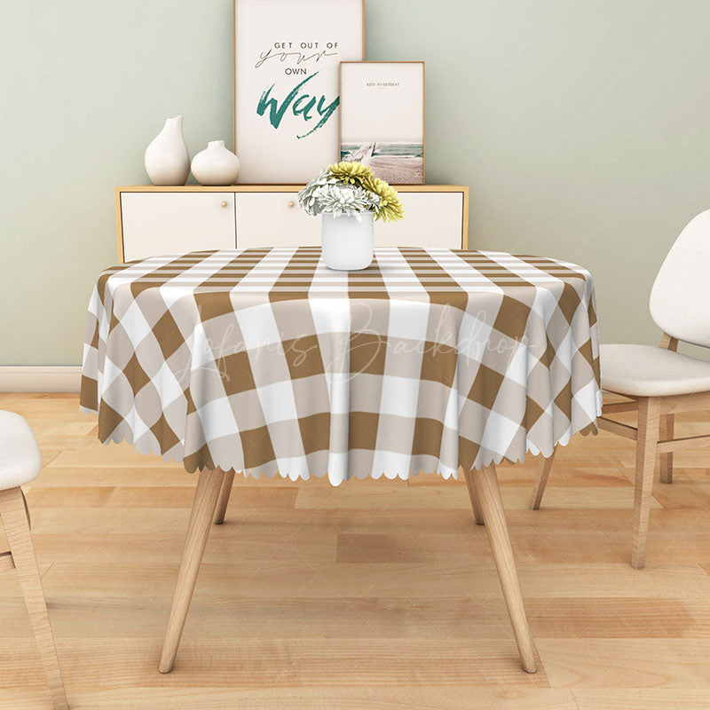 Lofaris Rustic Brown and White Gingham Round Tablecloth for Farmhouse Kitchen Thanksgiving Dinner Decor
